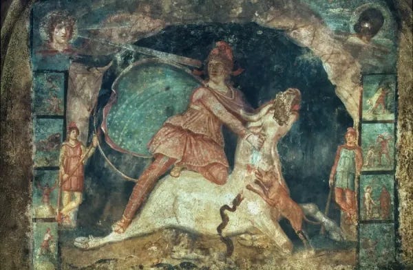 Roman Fresco: Mithras Killing the Bull, 2nd Century AD. Art Prints, Posters  & Photo Prints from Granger