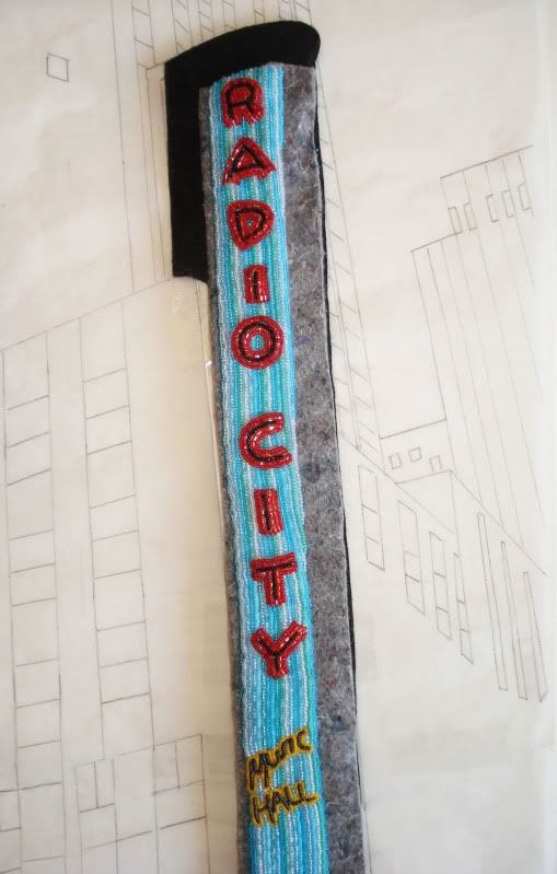 beaded Radio City Music Hall painting beadwork mixed media NYC theatre street scene beaded Radio City Music Hall painting beadwork mixed media NYC theatre street scene