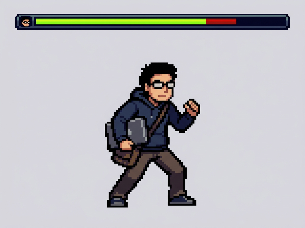 An 8-bit programmer fighter with one arcade health bar.