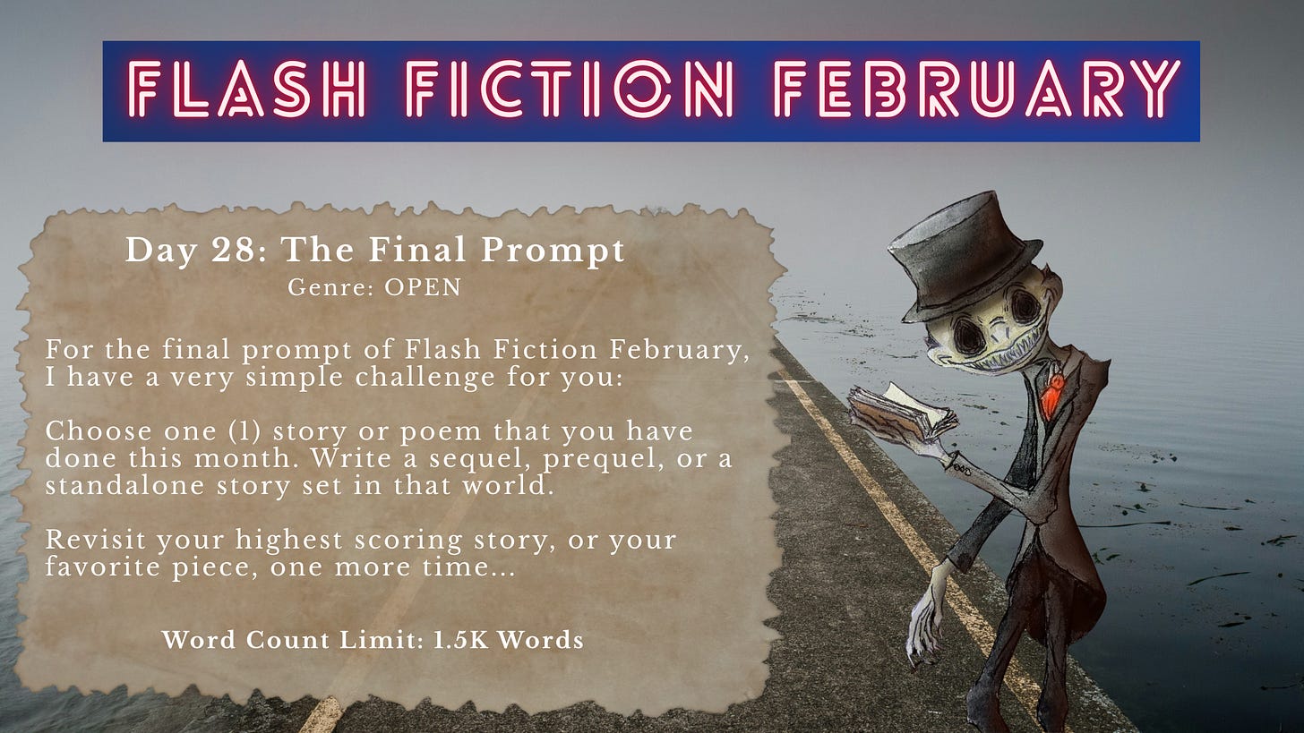 Promotional image for Flash Fiction February. The banner reads “Day 28: The Final Prompt – Genre: Open.” The prompt challenges writers to choose one story or poem they created this month and write a sequel, prequel, or standalone story set in that same world, revisiting their highest-scoring or favorite piece. Word count limit: 1.5K words. The background shows a lonely coastal road beside calm water under a muted sky, while a tall, thin, illustrated figure in a top hat reads from a book at the edge of the shoreline.