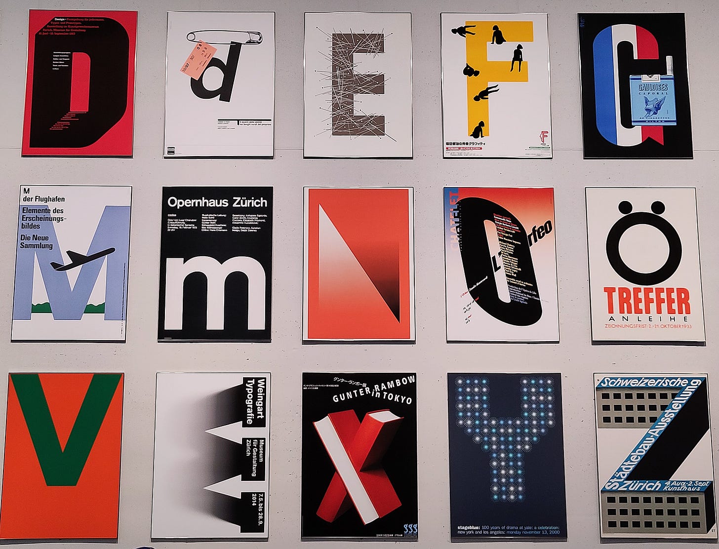 Fotografia di una parete tappezzata di poster molto diversi, che tuttavia ordinati in questo modo compongono l'alfabeto