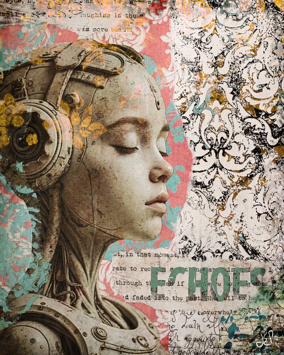 beautiful cyborg girl called Echoe in a mixed media background of damask and text