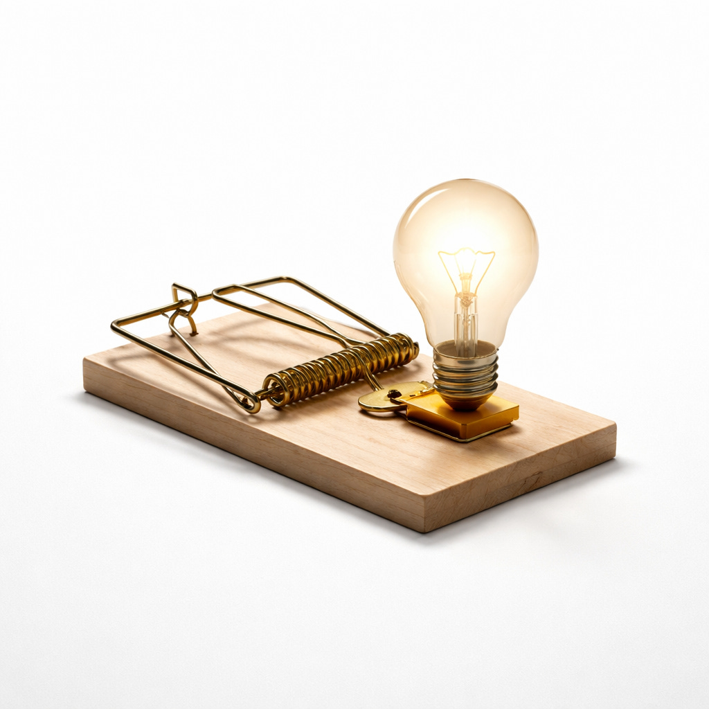 A single wooden mousetrap sits on a plain white background, holding a lit light bulb in place of bait. The image suggests an idea caught in a trap, with sharp contrast and minimal detail creating a clean, editorial feel.