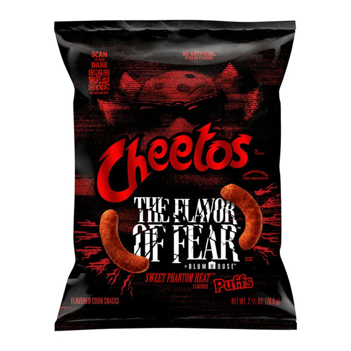 Bag of Cheetos "Flavor of Fear," it's black with red text. Spooky Bag of Cheetos "Flavor of Fear," it's black with red text. Spooky