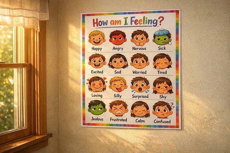 Emotions chart on a wall by a sunny window, displaying cartoon faces expressing various feelings like happy, sad, and confused.