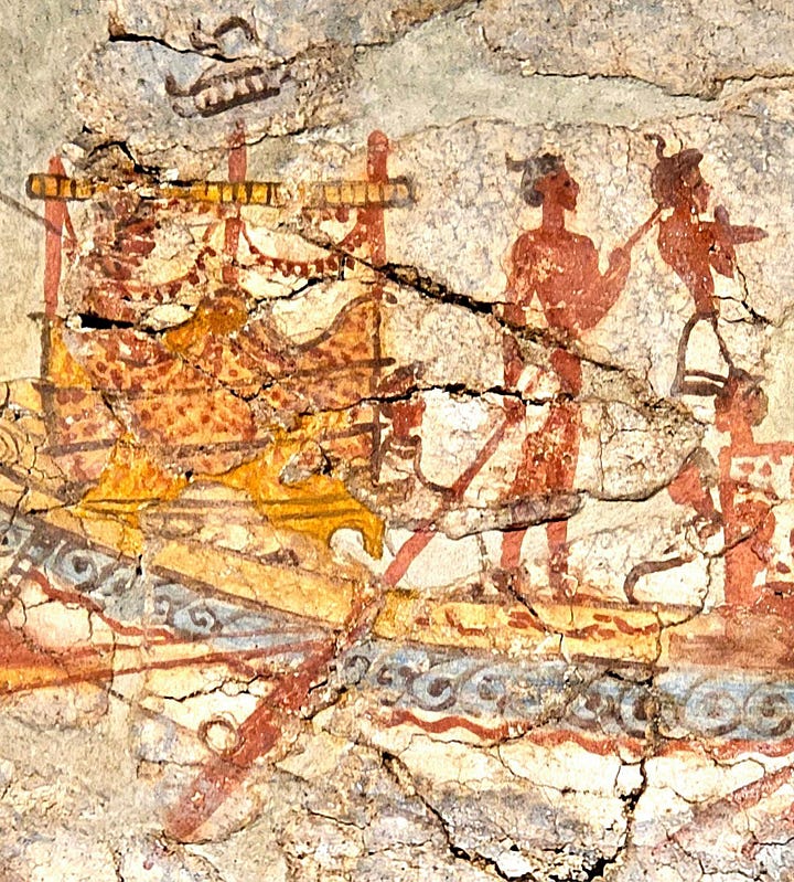 The stern of a Minoan ship, with a special passenger riding in an ikrion while a sailor mans the steering oar.