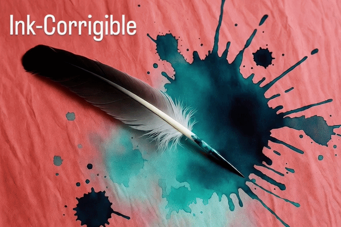 A quill, ink splattered on a coral background in motion A quill, ink splattered on a coral background in motion