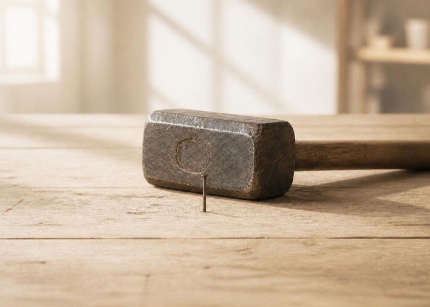 A huge sledgehammer next to a small nail on a sunlit workbench A huge sledgehammer next to a small nail on a sunlit workbench