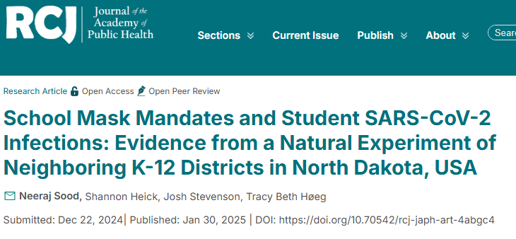 "Journal of the Academy of Public Health" (not real) headline: School Mask Mandates and Student SARS-CoV-2 Infections: Evidence from a Natural Experiment of Neighboring K-12 Districts in North Dakota, USA