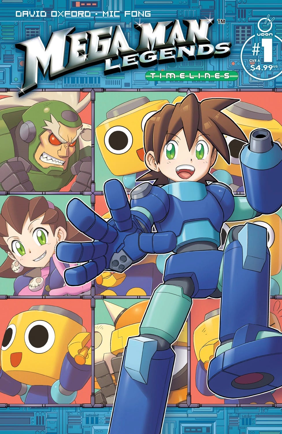 Cover of Mega Man Legends: Timelines #1 (CVR A) with Mega Man in the foreground striking a confident pose. Behind him are framed portraits of major characters including Roll, Tron, and Servbots, all set against a digital circuit board backdrop.