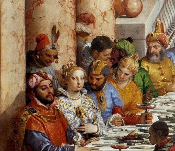 Detail of the far left of the Wedding at Cana: a blonde bride in a white and gold brocade gown with pearls in her hair, beside a bearded man in a red mantle and pale turban, both at the end of the table Detail of the far left of the Wedding at Cana: a blonde bride in a white and gold brocade gown with pearls in her hair, beside a bearded man in a red mantle and pale turban, both at the end of the table