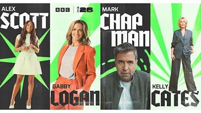 Composite image featuring photos of presenters Kelly Cates, Mark Chapman, Gabby Logan and Alex Scott alongside branding for the BBC and FIFA World Cup 2026. Composite image featuring photos of presenters Kelly Cates, Mark Chapman, Gabby Logan and Alex Scott alongside branding for the BBC and FIFA World Cup 2026.