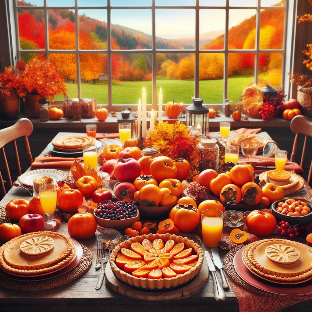 Thanksgiving table filled will pumpkins, pies in front of fall foliage