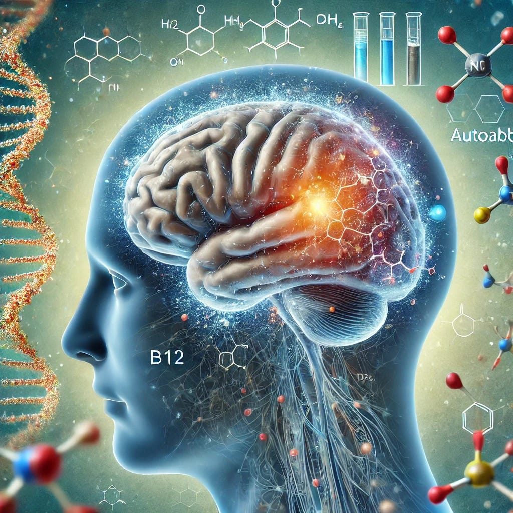 A detailed and realistic image showing the human brain with highlighted areas indicating neurological symptoms and the central nervous system. The image should also incorporate an artistic representation of autoantibodies and B12 molecules interacting within the brain, emphasizing the scientific and medical nature of the topic. The background can include subtle elements of laboratory research, such as test tubes or DNA strands, to further illustrate the study's context.
