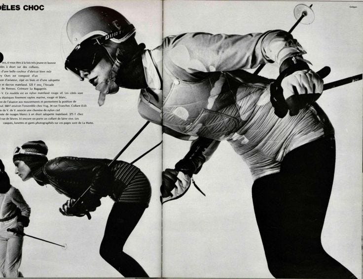 This may contain: an advertisement for skis with two skiers in the back and one on the front