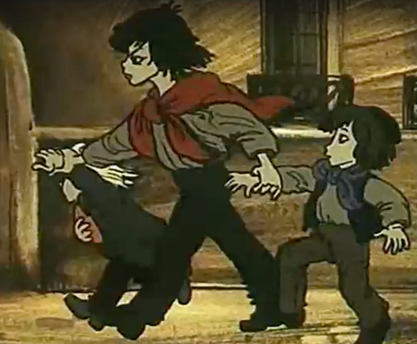 Gavroche holding the wrists of his two little brothers and walking down the street Gavroche holding the wrists of his two little brothers and walking down the street
