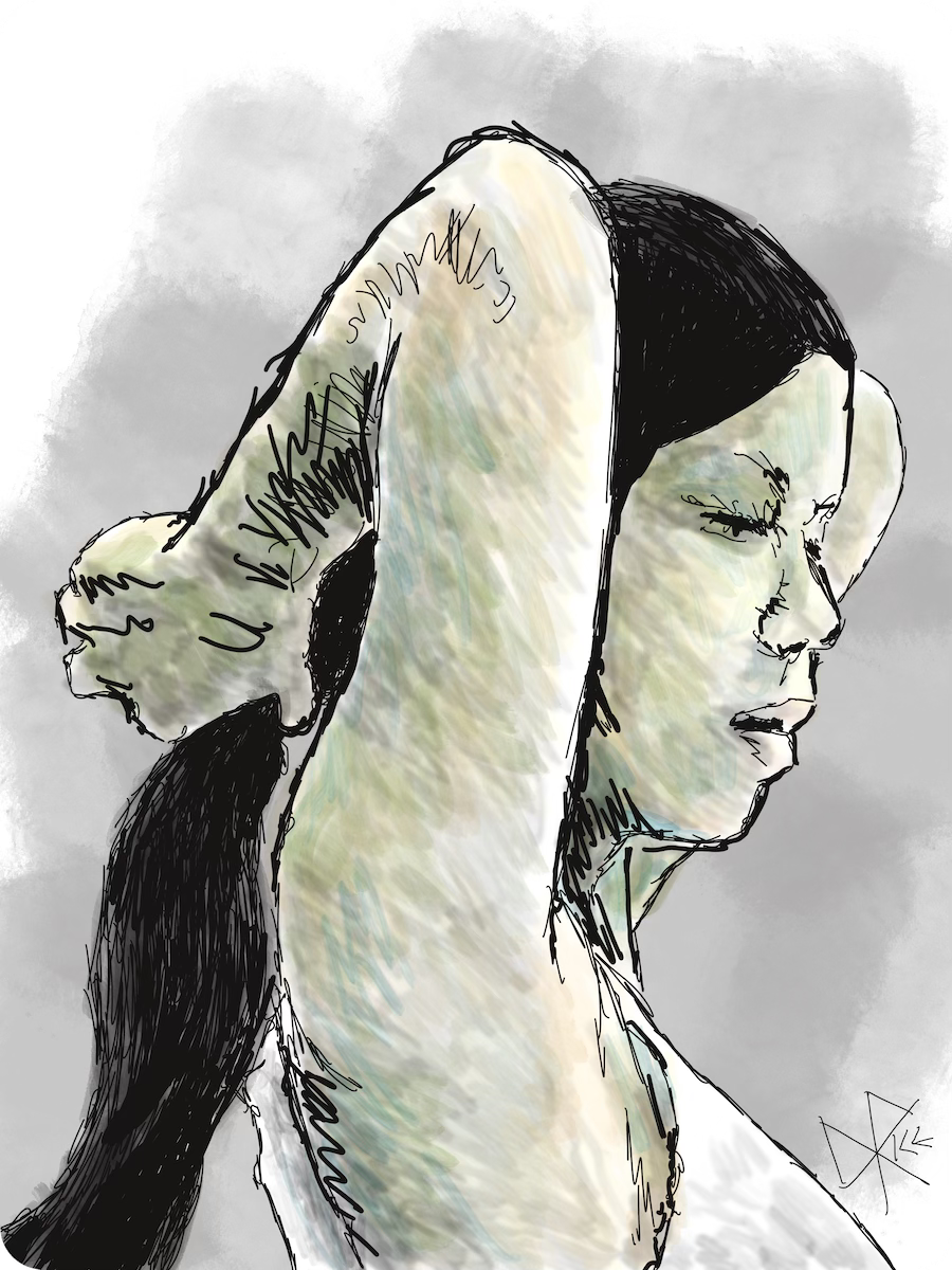 A woman grabs ahold of her hair to form a ponytail before getting to work. Sketch art by Don Rice. A woman grabs ahold of her hair to form a ponytail before getting to work. Sketch art by Don Rice.