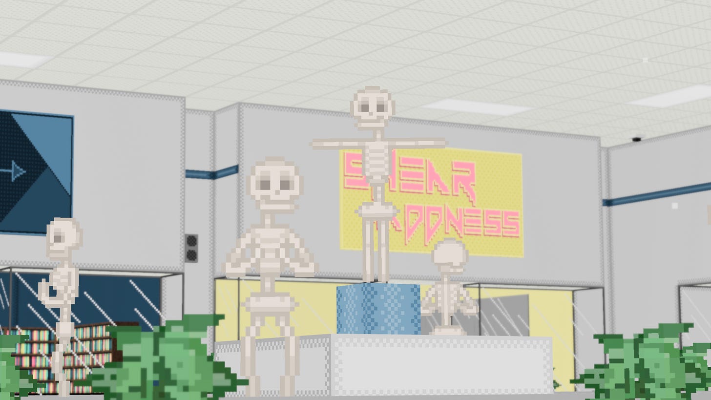 four pixel art skeletons stand on top of a pixel fountain. They look as if they are smiling