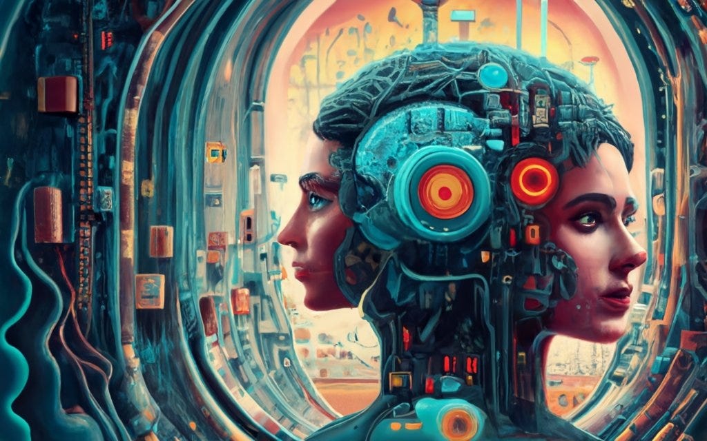 Duas cabeças com a face humanoide conectadas em um corpo robo com um fundo robotico 