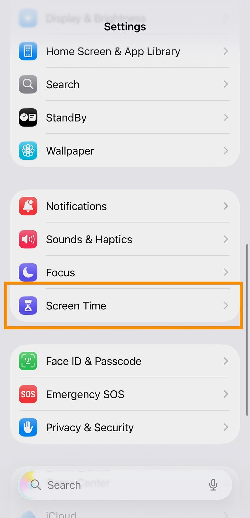 The Screen Time option highlighted on the settings page.