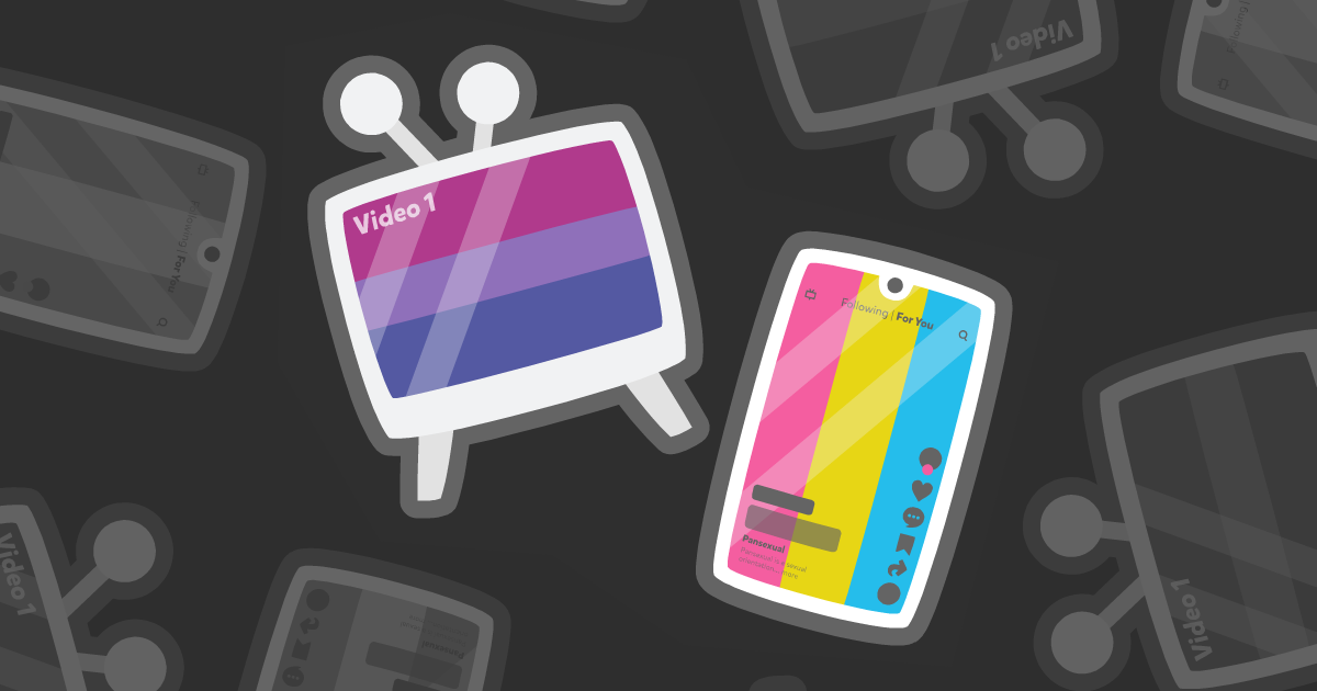 Vector illustration of a CRT TV and a smartphone (not to scale). The CRT TV shows the bisexual Pride Flag, on top of which the text "Video 1" is overlaid. The smartphone is showing the pansexual flag (rotated 90° so that it’s in portrait orientation) and is overlaid by a mock-up of the TikTok For You Page. Vector illustration of a CRT TV and a smartphone (not to scale). The CRT TV shows the bisexual Pride Flag, on top of which the text "Video 1" is overlaid. The smartphone is showing the pansexual flag (rotated 90° so that it’s in portrait orientation) and is overlaid by a mock-up of the TikTok For You Page.