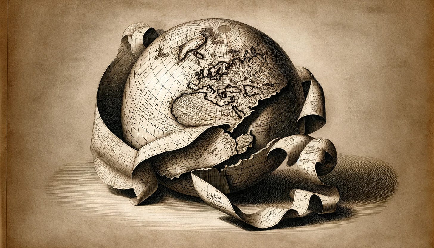 A sixteenth-century engraving in landscape mode, depicting one of Ortelius' paper maps unraveling from being imperfectly wrapped around a globe. The map should display the intricate details and style typical of the 1500s, with lines, text, and cartographic elements of that era. The globe, partially covered by the unraveling map, should be clearly visible, emphasizing the curvature and areas where the map does not align. The background should be plain, focusing attention on the contrast between the aged paper map and the globe, with the map appearing to be in motion as it unravels.