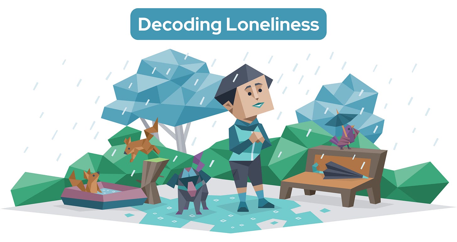 A Sentinel stands in the rain with a dog, squirrels, and birds gathered nearby, while a bird shelters under an umbrella on a park bench. Text reads: Decoding Loneliness.