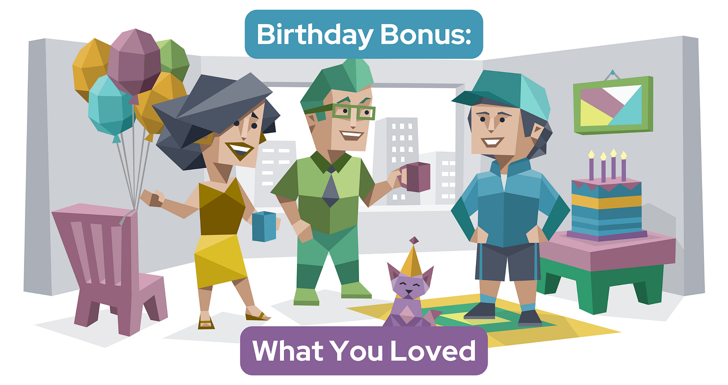 Three coworkers stand in an office celebrating. A woman holds balloons and a man stands next to a cake with candles. A cat wearing a birthday hat sits at their feet. Text reads: Birthday Bonus: What You Loved