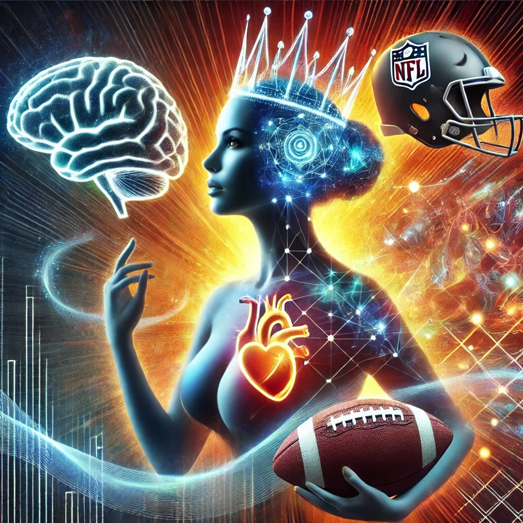 A cohesive and dynamic graphic featuring a confident woman wearing a crown symbolizing empowerment and creativity, with integrated NFL-themed elements like footballs and helmets forming part of her crown and attire. A glowing brain and heart are subtly woven into the design, representing intellect and compassion, while radiant, soulful energy waves flow around her. The scene is artistic and modern, blending these elements seamlessly into one visually captivating composition, with abstract patterns tying everything together.