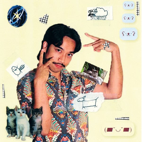 A self-portrait of me. I'm wearing a colorful, patterned, short sleeved button up. I'm posing: my index and pointer fingers are extended on both of my hands, like I'm miming scissors. They're aimed at my eye and my head. Surrounding me are various stickers and drawings and images of cute and playful things, like cats, doodles of a unicorn, a beaver, and a cloud, and smiley faces. In the top left sits KATSEYE's logo.