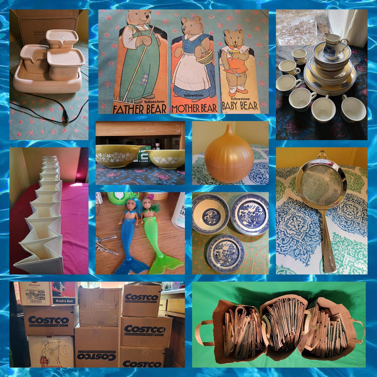 An eleven photo collage of a variety of household items, toys, books, boxes, and paper bags that have been gifted through the Ripples Free Community Exchange.