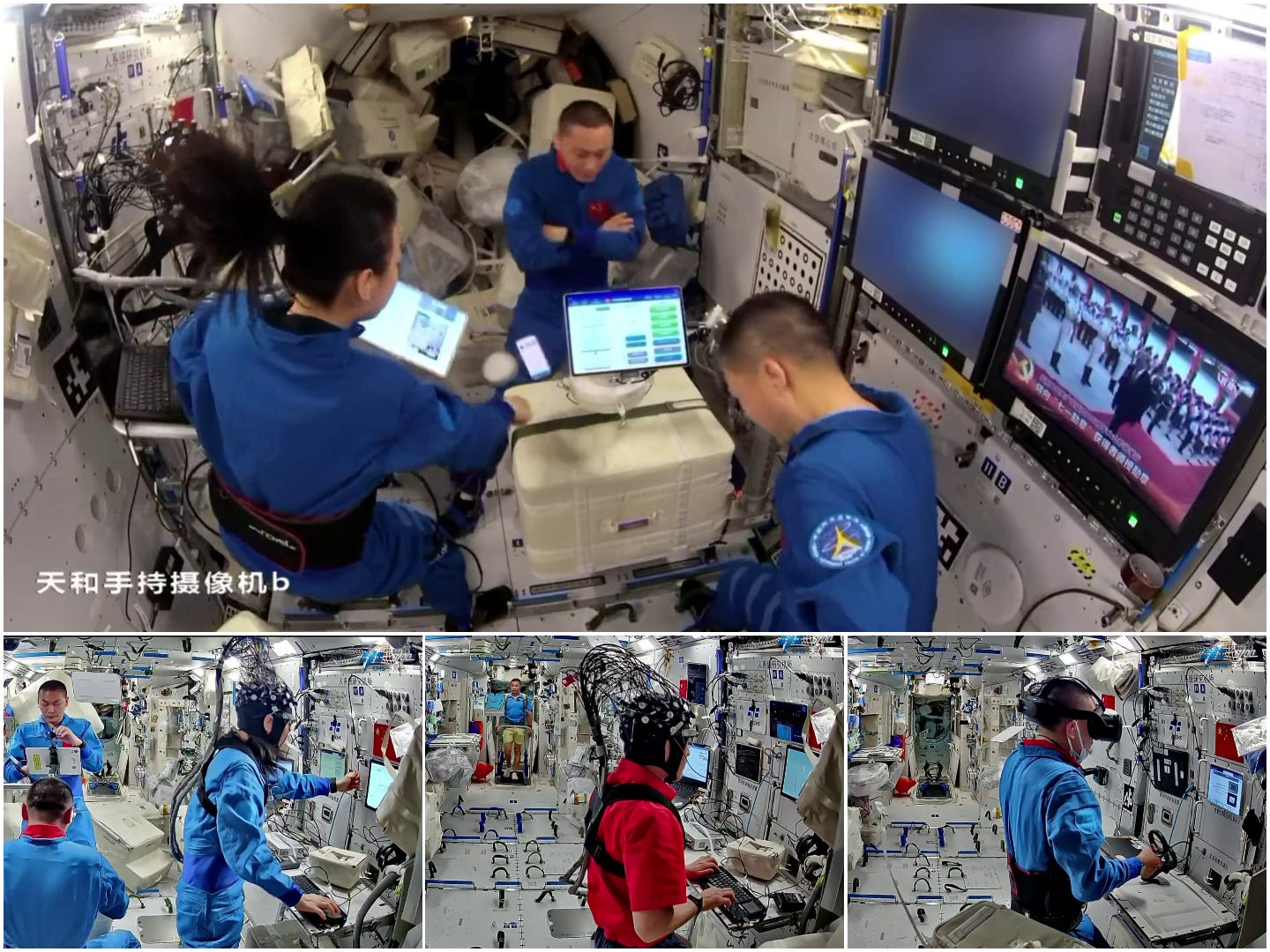The Shenzhou-23 crew testing the improved mass measurement system with a container of supplies (top) and taking part in brain function experiments (bottom). The Shenzhou-23 crew testing the improved mass measurement system with a container of supplies (top) and taking part in brain function experiments (bottom).