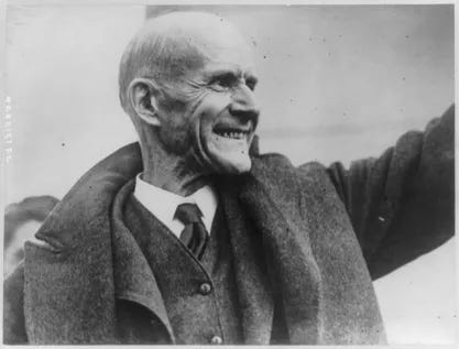 Closeup of Eugene Debs (head and shoulders, facing right), five-times Socialist candidate for President, as he left the Federal Penitentiary at Atlanta, Georgia on Christmas Day in 1921.