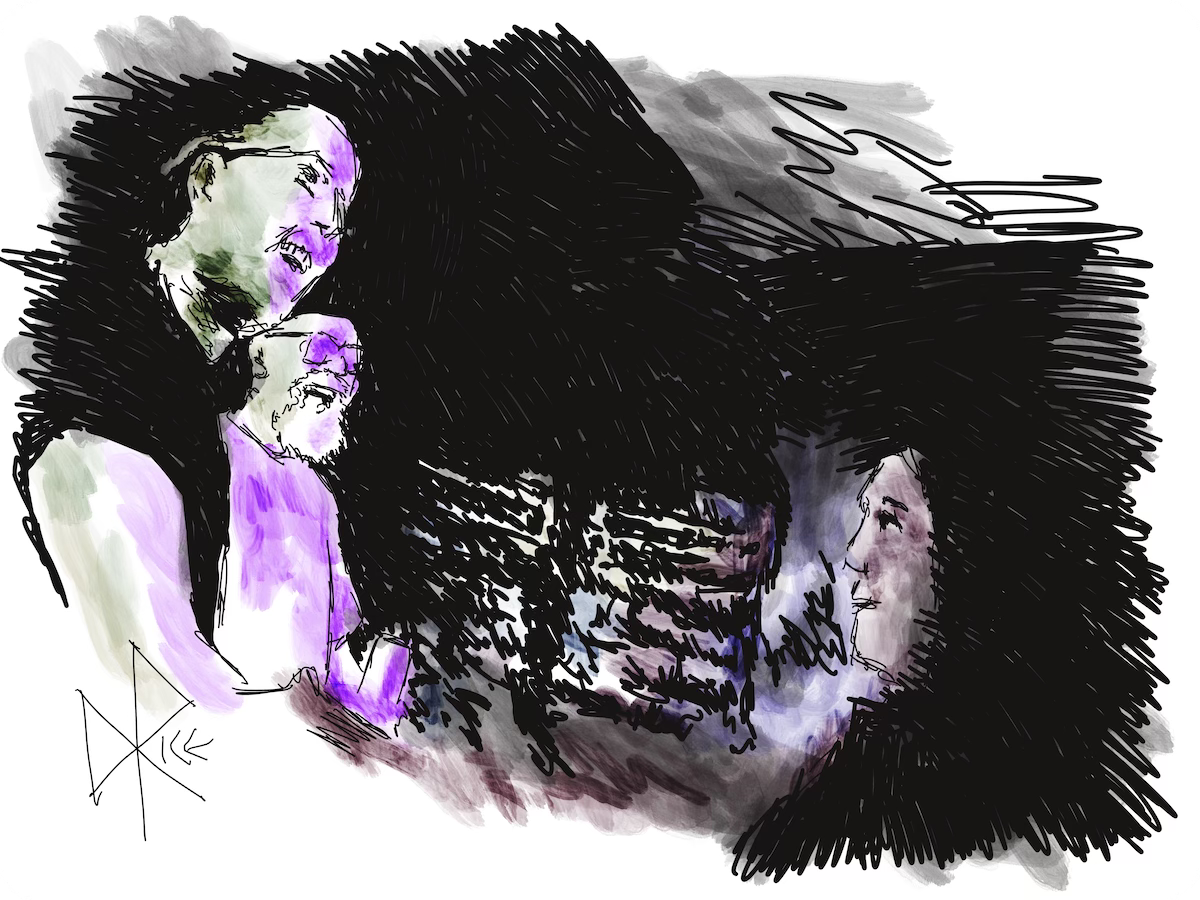 A trio of happy smiling people as they greet each other during a surprise random encounter. Sketch art by Don Rice.