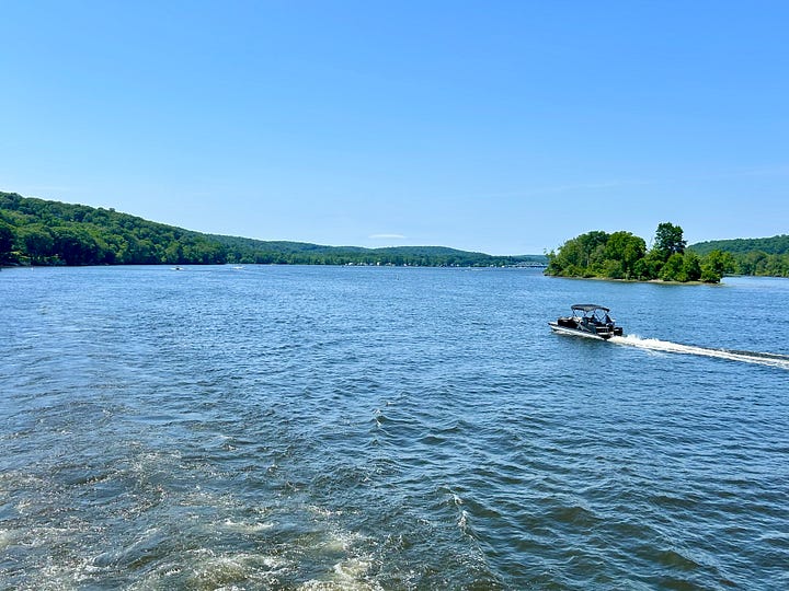 ship, decks, flag, boats, water, sky