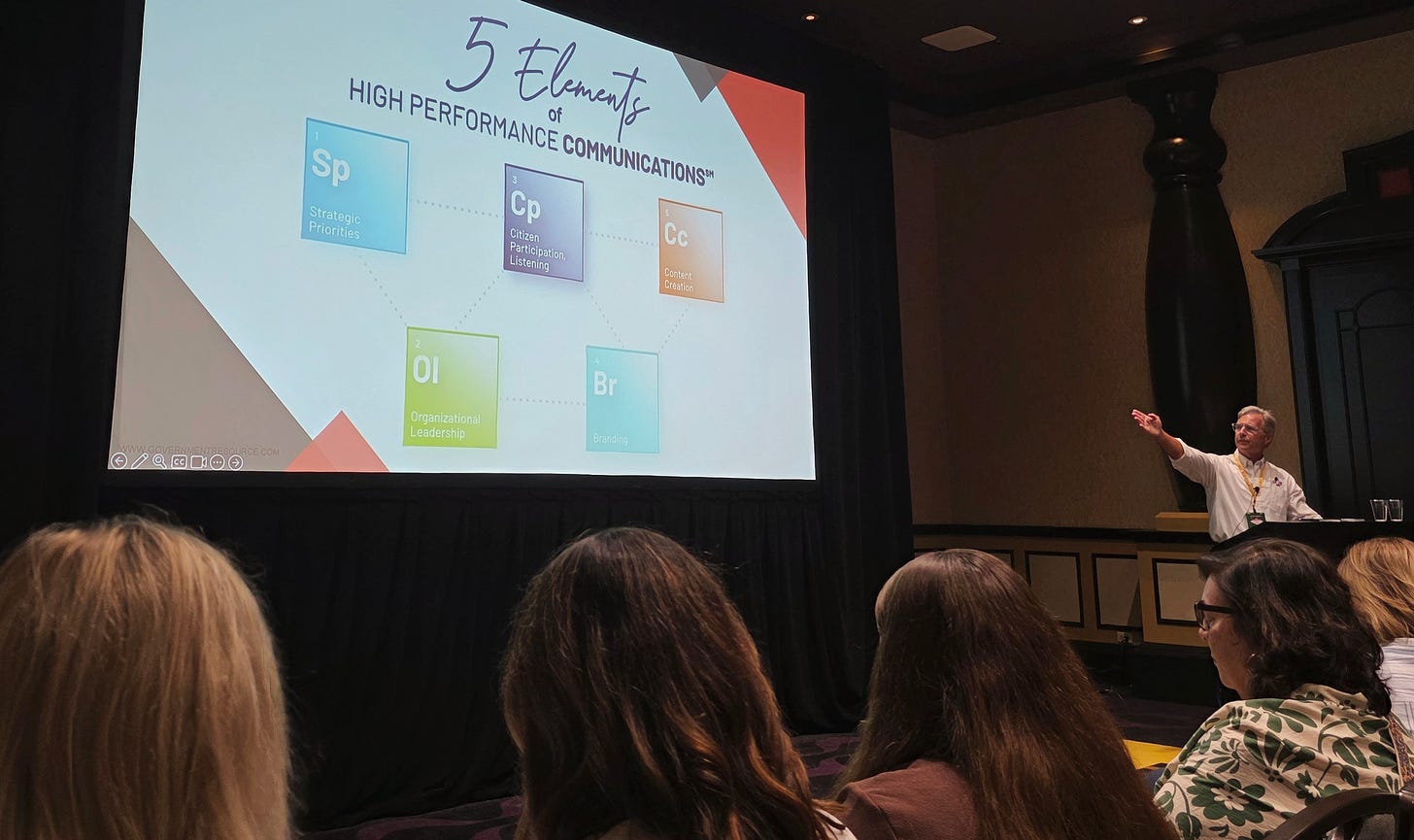 Will Hampton presents the “5 Elements of High Performance Communications” framework to a group of local government professionals at a conference. The large screen displays a slide with five interconnected colored blocks labeled Strategic Priorities, Organizational Leadership, Citizen Participation & Listening, Branding, and Content Creation. Audience members are seated in rows, attentively watching the presentation.