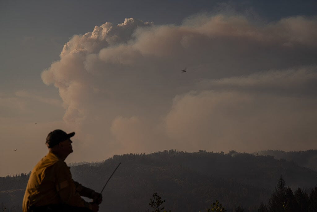 A large cloud looms over trees in the horizon with a firefighter pictured in the foreground.