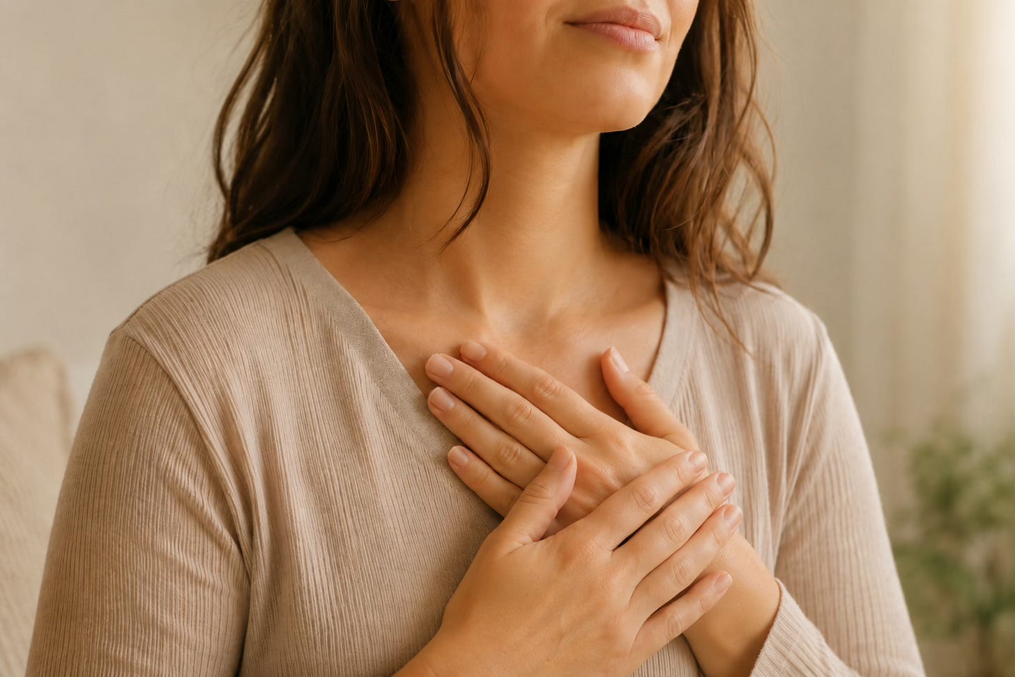 Woman resting her hands near her heart as a gentle body-based cue of safety during overthinking.
