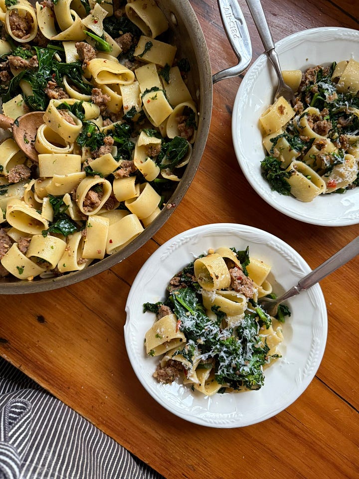 Alexis deBoschnek's sausage and broccoli rabe pasta; Kuretake Zig Brushables brush-tip markers