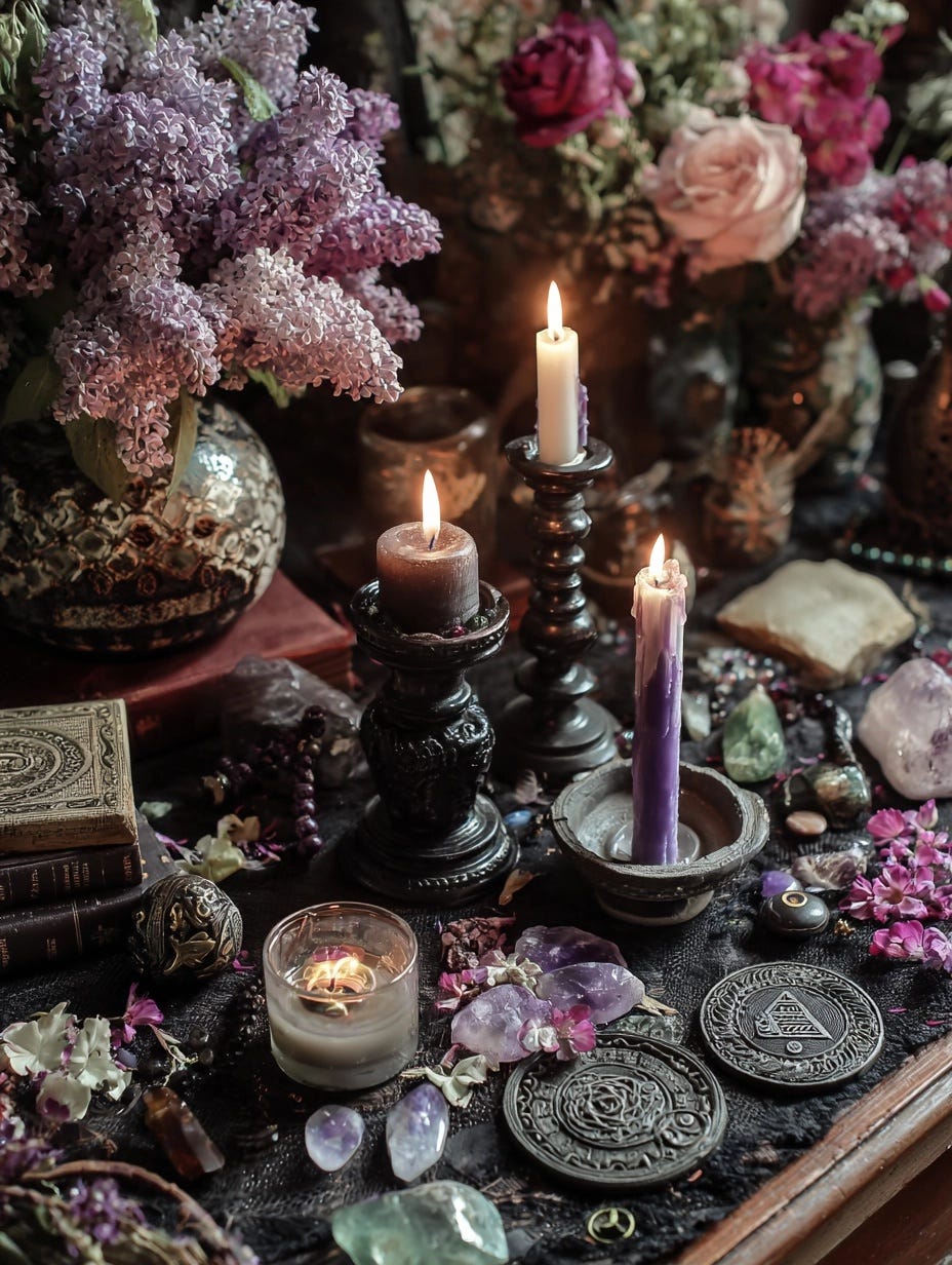 Sacred sexuality altar with red and pink candles, roses, and symbols representing diverse gender energies and divine sexual expression