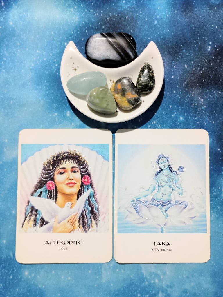 Let Love Be Your Guide: A Message From the Universe, 2Goddess Oracle cards and crystals on a starry blue background Let Love Be Your Guide: A Message From the Universe, 2Goddess Oracle cards and crystals on a starry blue background