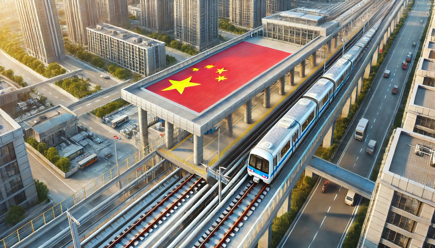 A wide aspect ratio image showing a sky view of a Chinese metro rail station, with imprints of the Chinese flag visible on the station. The image should also include a metro train at the station, either arriving or departing. The scene should be realistic, capturing the detailed architecture of the station, the train, and the tracks. Surrounding elements such as roads, buildings, and greenery should also be visible, providing context to the urban setting.