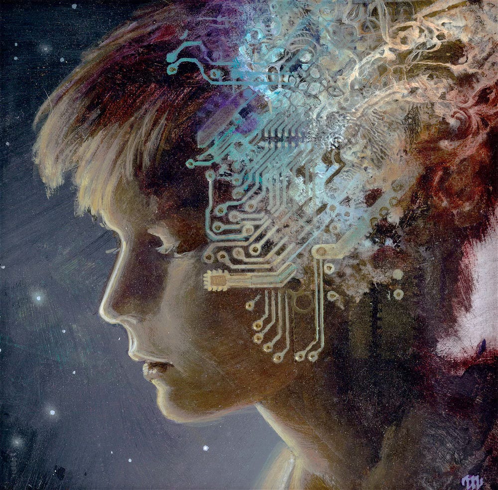 View from the neck up of a boy set in profile against a blue-gray night sky dotted with stars. Peace settles over him as his eyes close as indicated by long lashes coming together. Abstraction plays out over the back of his head in a wild chaos of paint that takes the form of integrated circuit paths closer to his face.