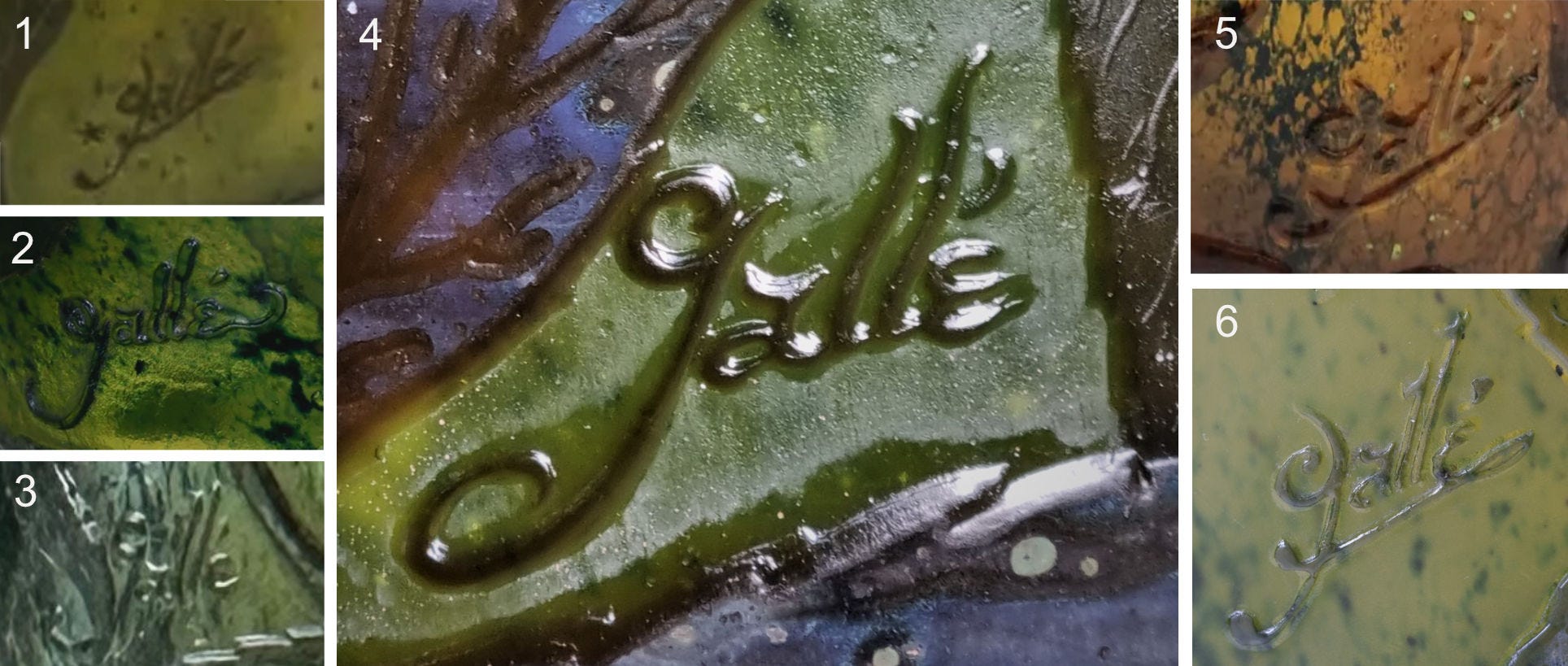 Signatures on the Helleborus Foetidus vases: 1. Rossini, Mk II; 2. Kitazawa Museum, Mk IV-like; 3. Douglass, Mk IV-like; 4. Vase in discussion, Mk IV-like; 5. Lombrail Teucquam, Mk III; 6. Kunstpalast Düsseldorf, Mk III. Signatures on the Helleborus Foetidus vases: 1. Rossini, Mk II; 2. Kitazawa Museum, Mk IV-like; 3. Douglass, Mk IV-like; 4. Vase in discussion, Mk IV-like; 5. Lombrail Teucquam, Mk III; 6. Kunstpalast Düsseldorf, Mk III.