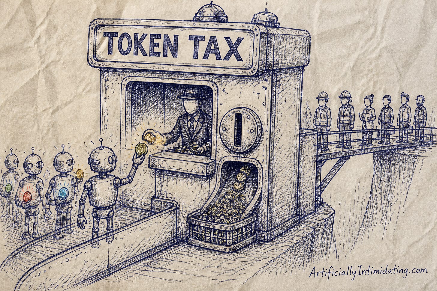 A big toll booth with a TOKEN TAX sign and a coin slot, where a line of plain robots hand glowing coin-shaped tokens to a suited collector while a queue of human workers waits on a bridge beside it.