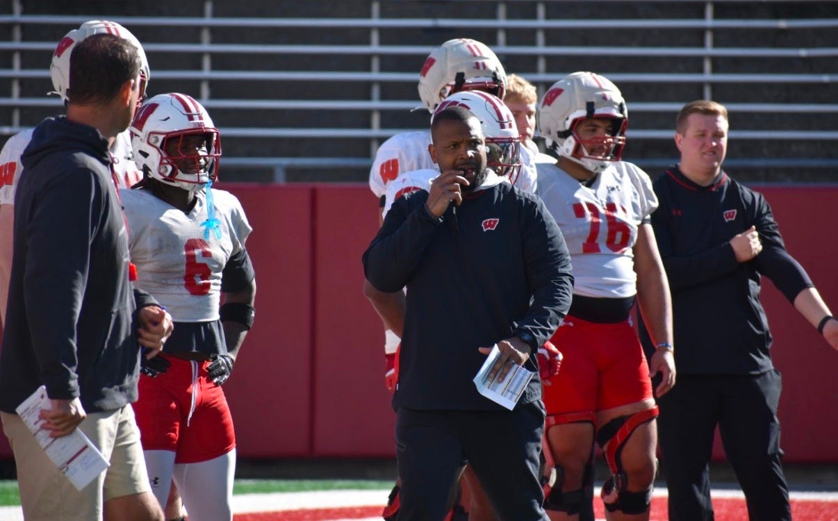 Wisconsin Badgers running backs coach Jayden Everett on the field during practice. Wisconsin Badgers running backs coach Jayden Everett on the field during practice.
