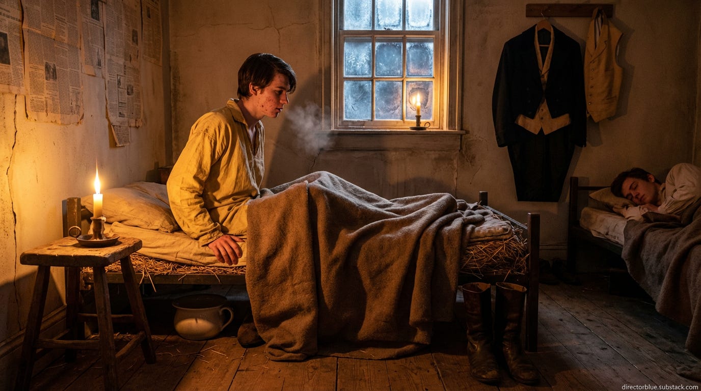 Photorealistic 16x9 photograph interior of a cramped 1835 Washington DC boarding house bedroom at pre-dawn lit only by single guttering tallow candle on rough wooden nightstand casting deep amber shadows A 16-year-old young man with slender _image_1