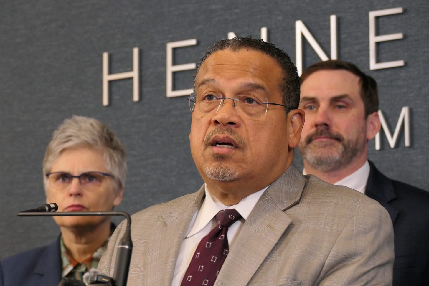 Minnesota Attorney General Keith Ellison announces a lawsuit with Hennepin County Attorney Mary Moriarty on March 24, 2026, against the Trump administration seeking evidence in the shootings of three people by federal immigration agents. (Photo by Max Nesterak/Minnesota Reformer) Minnesota Attorney General Keith Ellison announces a lawsuit with Hennepin County Attorney Mary Moriarty on March 24, 2026, against the Trump administration seeking evidence in the shootings of three people by federal immigration agents. (Photo by Max Nesterak/Minnesota Reformer)