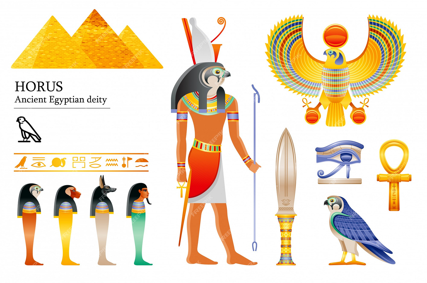 Premium Vector | Ancient egyptian god horus icon set. falcon deity ...