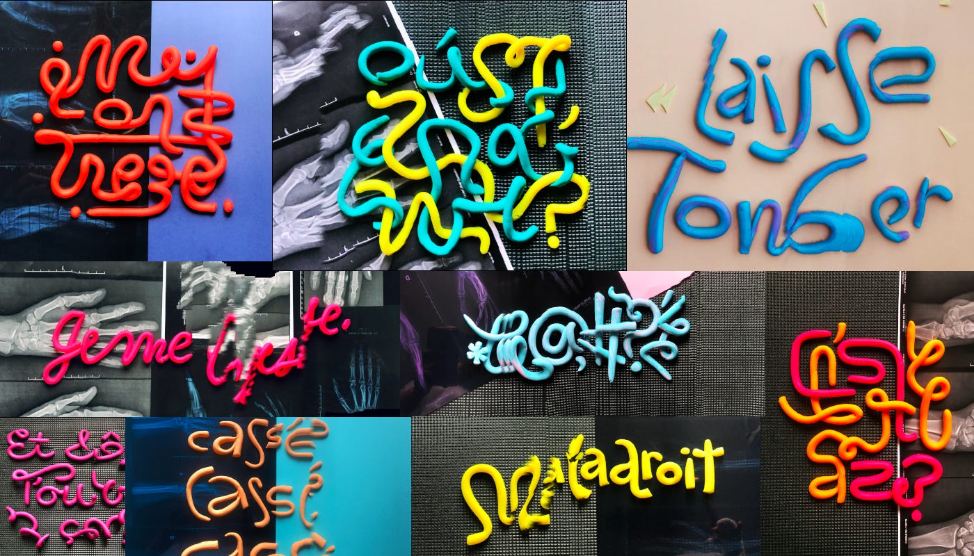 A grid of different, brightly colored projects in French, English, and gibberish. All speak cleverly to breaking a bone.